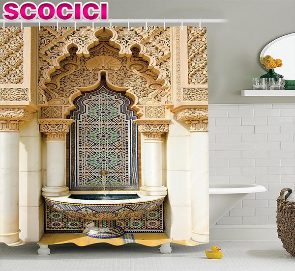 Tenda da doccia con decorazioni marocchine, design di edifici vintage, edilizia islamica, arte storica, facciata esterna, mosaico, immagine, tessuto in poliestere