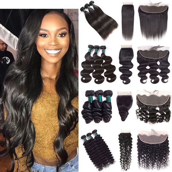 

cuticle aligned hair bundles with frontal closure straight wavy curly remy human hair weave 3 bundles with 4*4 closure or 13*4 lace frontal, Black