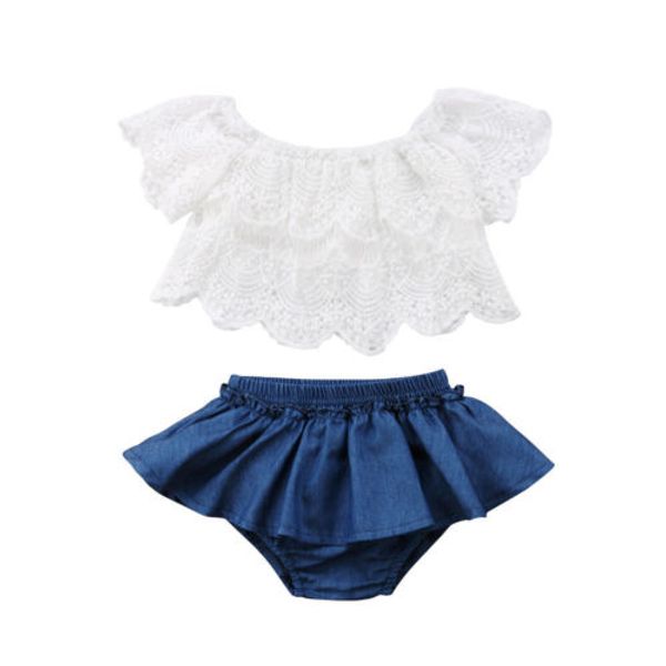 0-3Y Newborn Infant Kid Baby Girl Summer Cute White Lace Cotton Floral Short Sleeve Tops Denim Shorts Pants 2Pcs Outfits Clothes