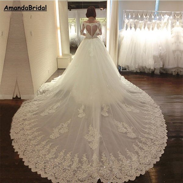 

amandabridal luxury off shoulder lace wedding dresses with long train 2019 long sleeve sweetheart beaded appliques bridal dress gown, White