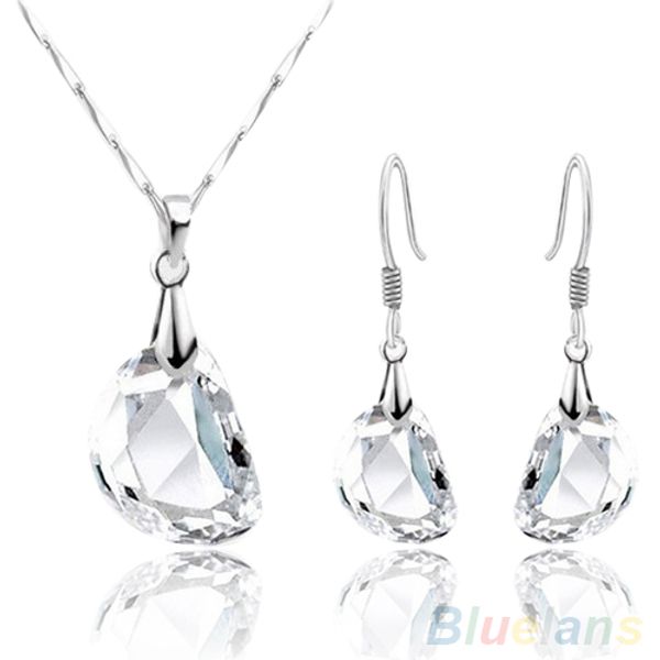 

fashion women's crystal pea shaped white necklace earrings jewelry set 1q2z, Silver