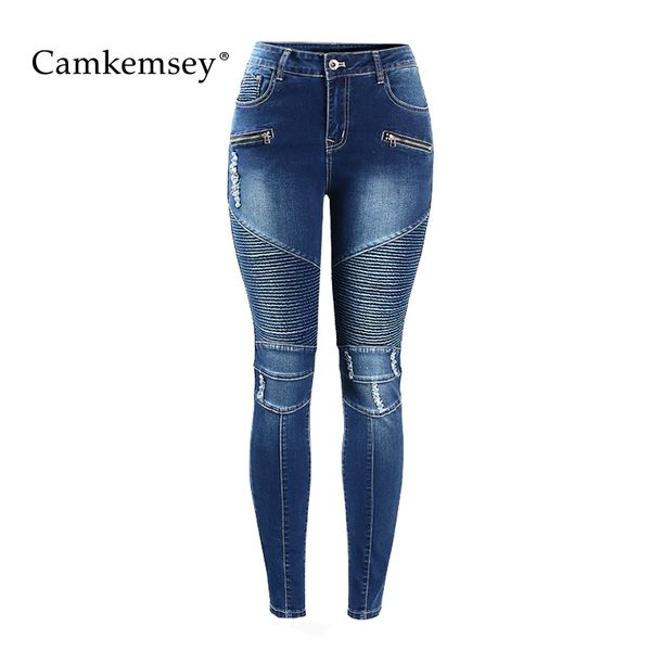 

camkemsey 3xl plus size motor zippers ripped jeans woman mid waist stretch skinny pencil pants female trousers, Blue