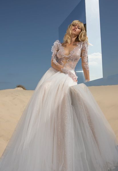 

pnina tornai 2019 wedding dresses a line long sleeves plus size sheer neck applique sequined crystal bridal gowns robe de mariÃ©e, White