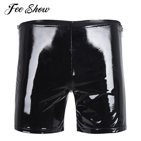 

black mens shiny wetlook patent leather side zipper boxer short pants men's shiny slim fit comfortable boxer shorts clubwear, White;black