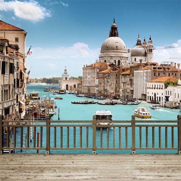 Venedik Grand Canal Sahne Fotoğraf Arka Planında Ahşap Zemin Şehir Binaları Kilise Ahşap Çit Köprüsü Düğün Scenic Photo Booth Arkaplan