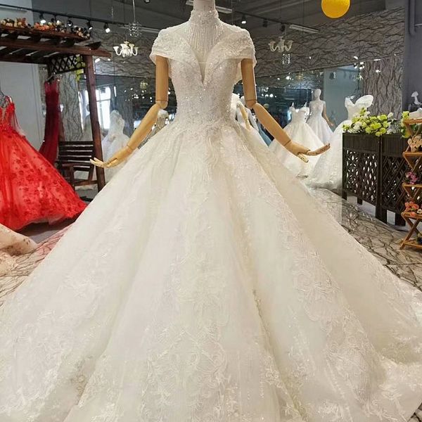 

бальное платье свадебные платья с коротким рукавом высокая шея открыть замочную скважину обратно блестящие кисточкой свадебное платье с граф, White