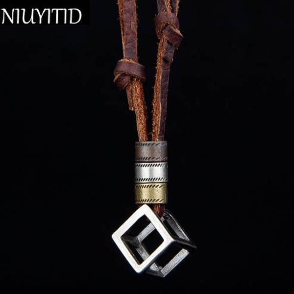 

niuyitid men necklace 100% genuine leather adjustable pendant necklace brown black rope chain for male jewelry dropshipping, Silver