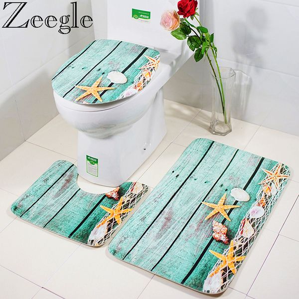

zeegle 3pcs/set ocean pattern bath mat bathroom anti-slip mat set flannel absorbent toilet rug bathroom floor for toilet