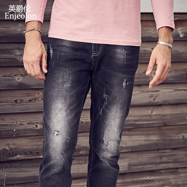 

enjeolon brand new winter quality long full trousers jeans pants man cotton black solid hole males fashion jeans male nz066, Blue