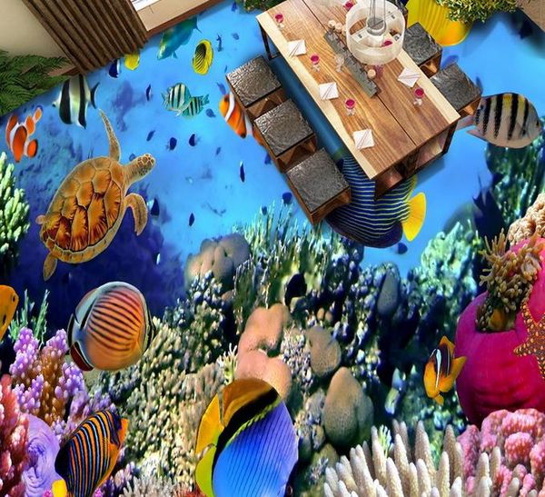 Tridimensional de alta definição chão do mar peixe marinho piso telhas janela mural papel de parede