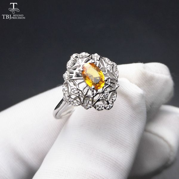 

tbj,naturalyellow sapphire oval 4*6mm 0.5ct gemstone elegant ring in 925 sterling silver fine jewelry for lady with gift box, Black