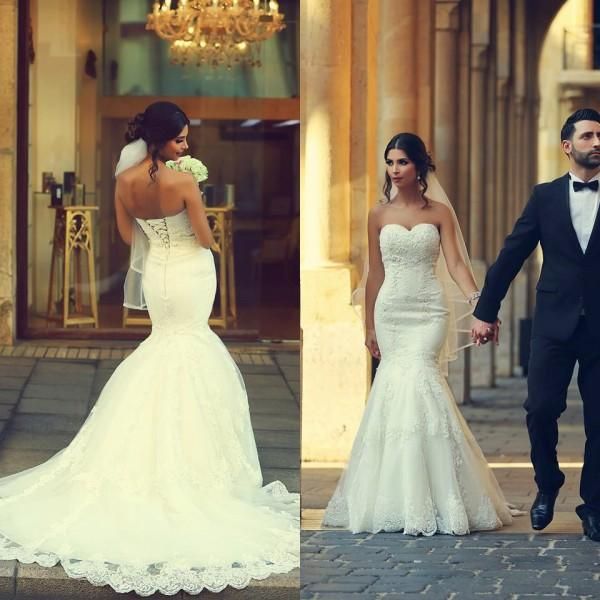 

2018 арабский vestido де novia русалка свадебное платье милая декольте рукавов кружева аппликации свадебные платья корсет обратно высокое ка, White