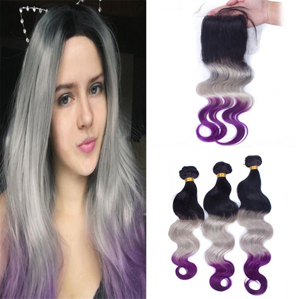 2019 Three Tone 1b Grey Purple Ombre Hair Weaves With Lace Closure