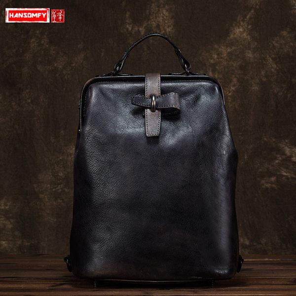 

women big bag retro style simple hand-wiping color genuine leather female shoulder bag personality solid color original backpack