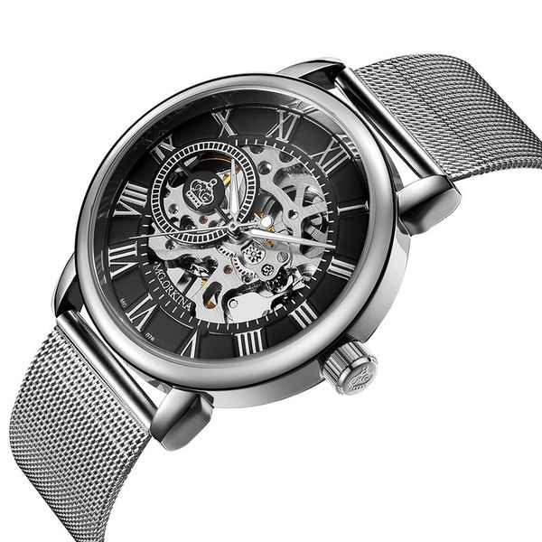 

super simple manual mechanical watch woven mesh belt with men's stylish hollowed out watches, Slivery;brown