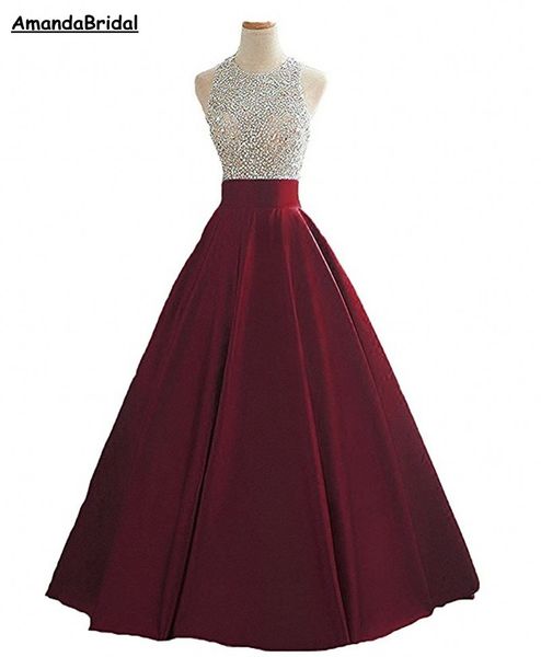 

amandabridal beaded backless prom dresses with open back satin long girls formal evening party gowns special occasion, Red