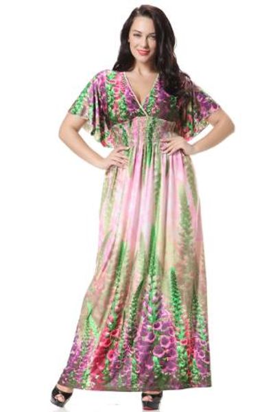 

2018new women's plus size dresses 7xl 6xl 5xl 4xl fashion bohemian dress v-neck bat sleeve floral print elegant beach dress, Black;gray