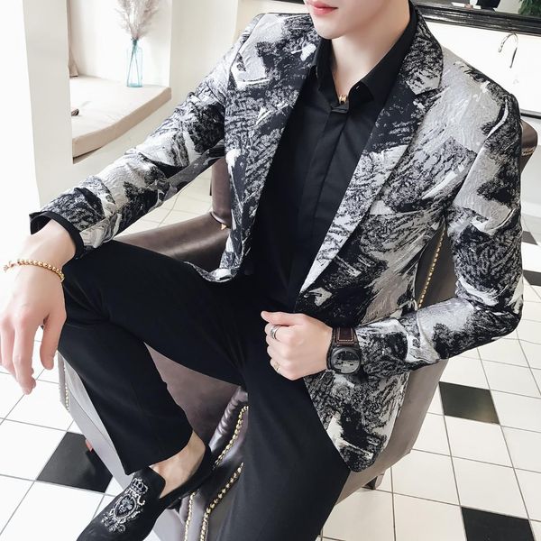 

blazer male new british fashion urban style plus size youth slim fit blazer black pattern party prom tuxedos mens jacket, White;black