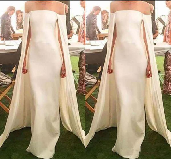 

Newest Elegant Sheath Evening Dresses With Cape Satin Strapless Off Shoulder Floor Length Formal Evening Gowns Fashion Prom Party Dresses