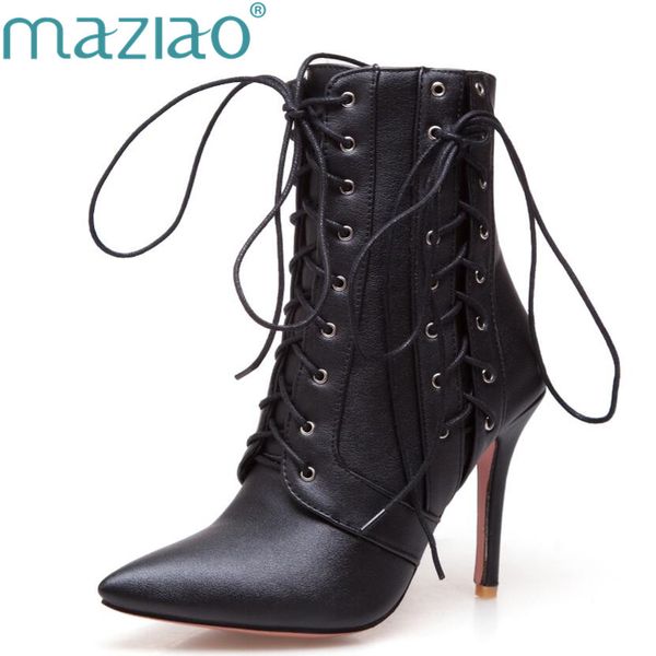 

women winter red boots high heel boots lace up mid-calf 2017 pointed toe autumn shoes white black big size 11 46 maziao