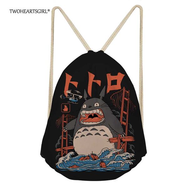 

twoheartsgirl cute anime my neighbor totoro drawstring bag for women cartoon girls kids school backpack travel cinch sack pack
