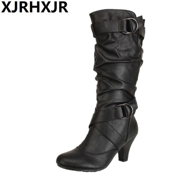 

xjrhxjr 2018 large size 34-43 dropship fashion slip on mid-calf boots woman shoes fall winter high heels women's shoes boots, Black