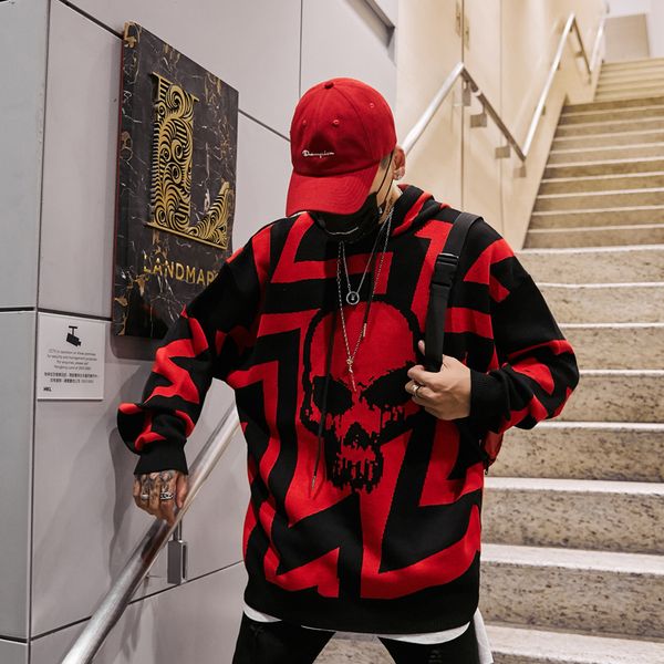 

autumn winter men size oversized sweaters punk plus pullover women hip skulls homme hop pull warm knitted sweater korean clothes pxnlc, Black