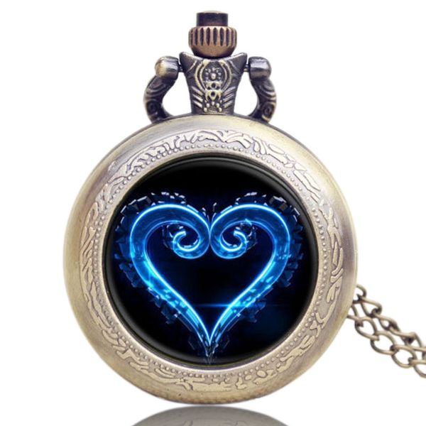 

fashion quartz pocket watch blue kingdom heart design glass dome necklace pendant chain clock gifts for lovers relogio de bolso, Slivery;golden
