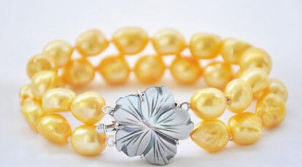 

gt;>>2row 8" 13mm yellow baroque freshwater pearl bracelet, Golden;silver