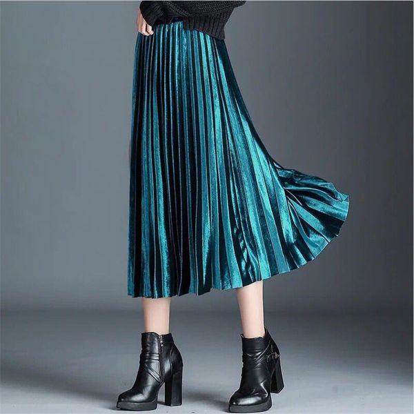 

new 2018 women spring autumn mid-calf skirt vintage solid pleated skirt plus size velour m-6xl, Black