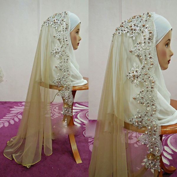 

muslim wedding veils one layer tulle appliques pearls lace white ivory bridal veil scarf custom made veils, Black