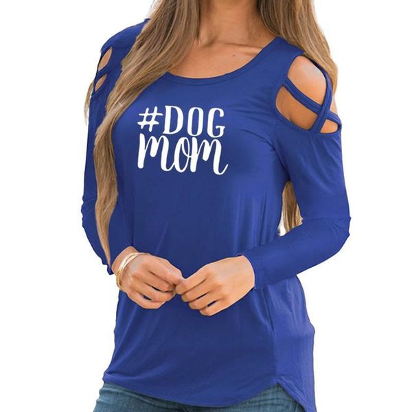

2018 new dog mom print shirt letter fashion crew neck loog sleeve off shoulder for women female t-shirt funny top, White