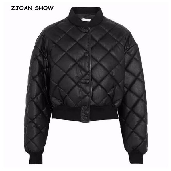 

2018 new winter stand collar pu leather quilted plaid parka jacket single-breasted zipper faux leather coat outwear femme black