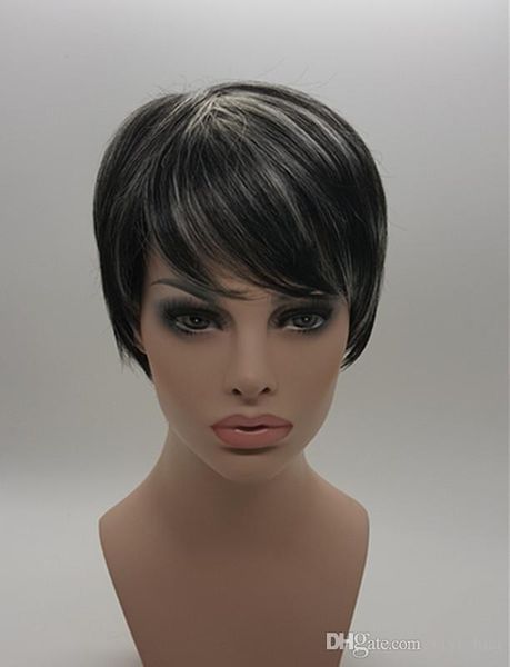 

popular black mixed white inclined bang short hair asian women style hair 100 heat synthic fiber natura fiber manufacturing 8 inches