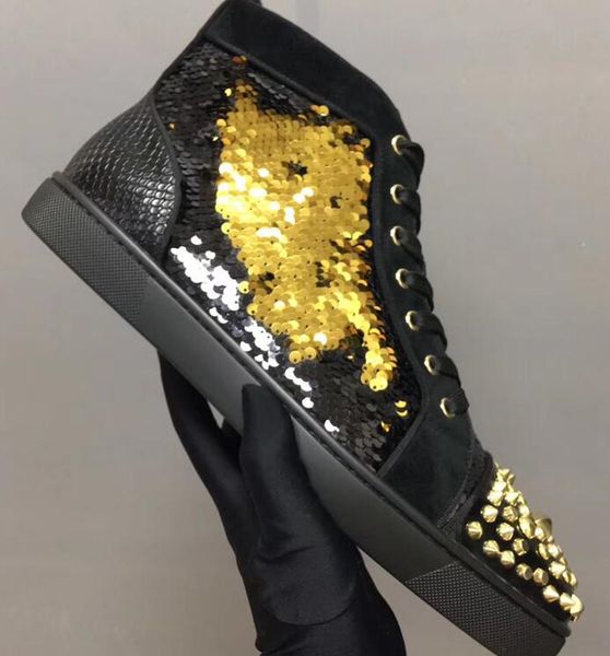 

Size 35-46 Men Women Black Leather With Spikes High Top Red Bottom Fashion Sneakers, Unisex Luxury Brand Flats Comfortable Casual Shoes36-47