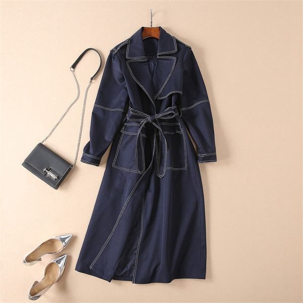 

new fashion 2018 runway women's turn-down collar epaulet pockets long sleeve solid color long trench coat, Tan;black