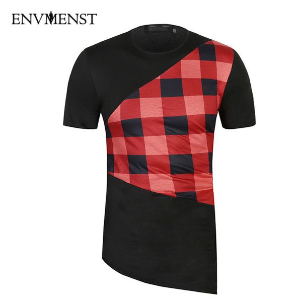 

2018 new brand men's high street t shirt solid color o-neck short-sleeved t-shirt chest plaid style long t-shirt, White;black