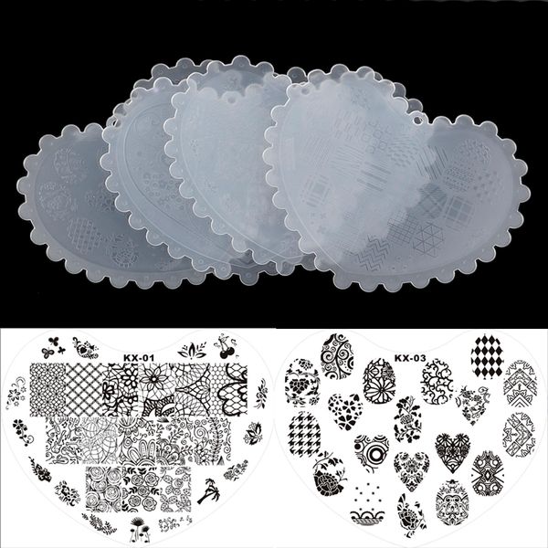 

4 pcs heart nail stamping plates flower geometric lace pattern nail art stamp stamping template image plate stencils plastic, White