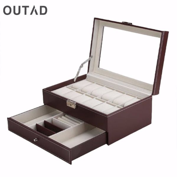 

outad 12 grids slots double layers casket watch winder box pu leather jewelry display storage case watch box holder relogio, Black;blue