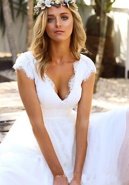 

vintage 1950s' ankle length short wedding dresses lace tulle cap sleeve v-neck bohemian beach garden bridal gowns 2018 vestido de novia, White