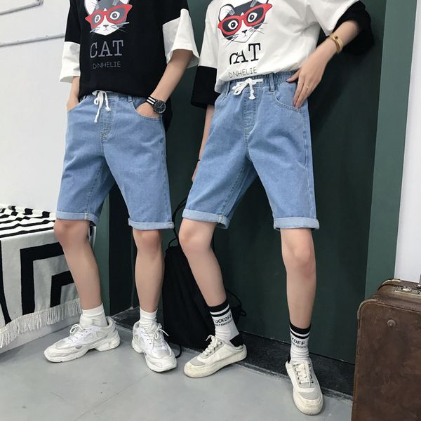 

2018 summer new teen denim shorts male drawstring slim feet hong style relaxed personality design, Black