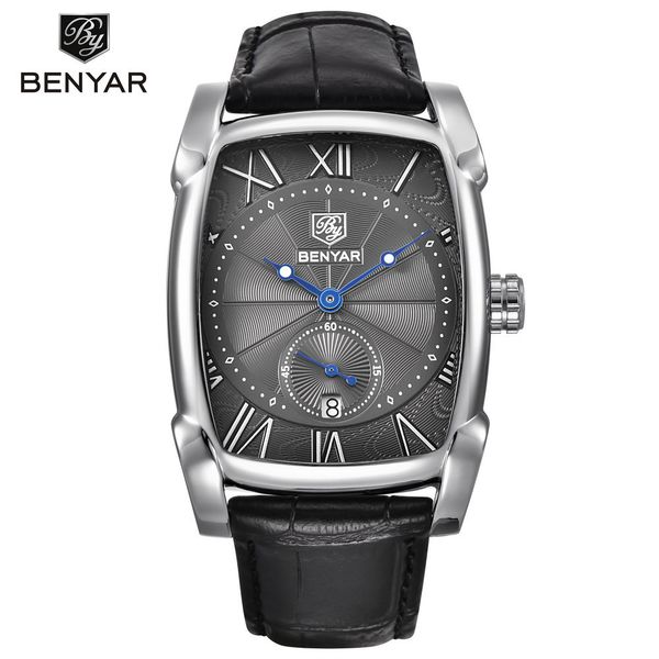 

wengle new 2018 benyar commerce casual waterproof leather lovers square calendar continental glass mirror spiral crown quartz watch, Slivery;brown