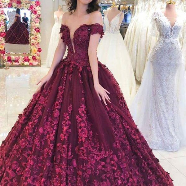 

2018 grape tulle long prom dress 3d flowers lace applique puffy ball gown party dress saudi arabia off shoulder beaded evening dress, Black