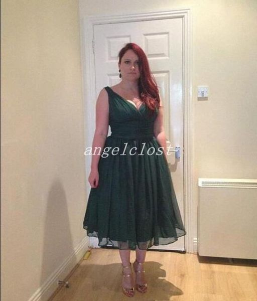 2018 Dark Green Plus Size Prom Dresses V Neck Tea Length Draped