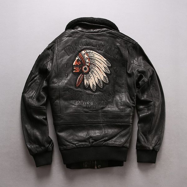 

Indian head embroidery genuine leather jacket oil wax heep kin leather jacket for men motorcycle jacket