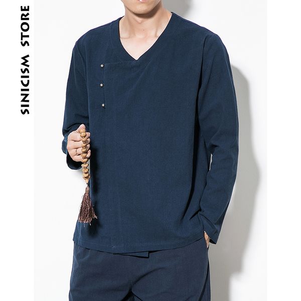 

sinicism store mens designer v-neck solid shirts 2018 cotton linen casual shirts men long male chinese autumn solid clothing, White;black