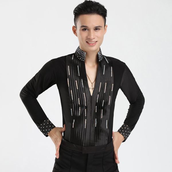 

black male latin dance long sleeve practice shirt men's modern dancing costume samba rumba performance suit dl2734, Black;red