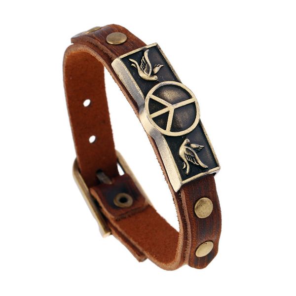 

selling fashion peace sign leather handmade multilayer charm bracelets wristband jewelry for men and women gifts, Golden;silver
