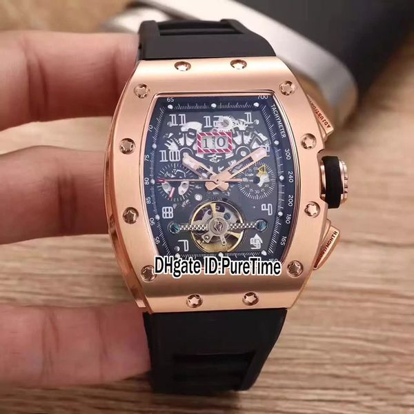 

new rm011 rm11 flyback chrono rose gold black skeleton dial big date automatic tourbillon mens watch black rubber strap sports watches 12a1, Slivery;brown