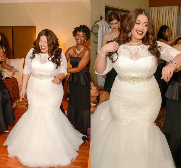 

2020 lace plus size mermaid wedding dresses half sleeves sheer illusion floor length sashes beads bridal gowns covered button sale, White